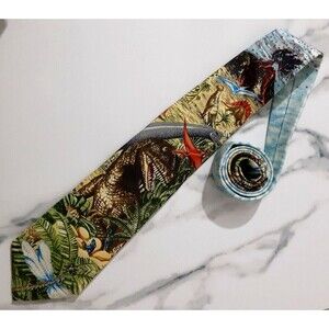 Vtg Lands End Dinosaurs Volcano Prehistoric Neck Tie 100% Silk Hand Made USA